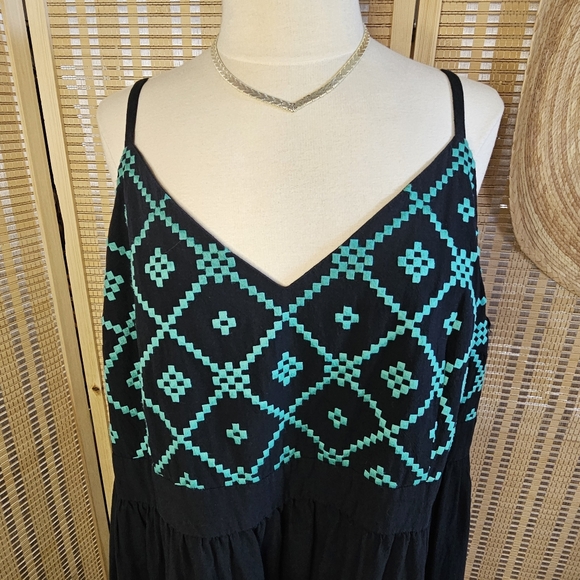 Black Cotton Maxi Dress with Green Geometric Embroidery, Ruffled Hem, Size 3X - Picture 2 of 9